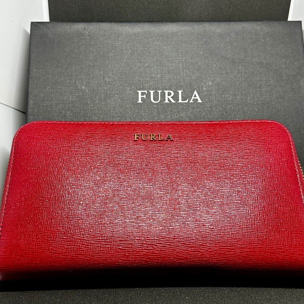 Furla Red Babylon zip wallet with box and dust bag